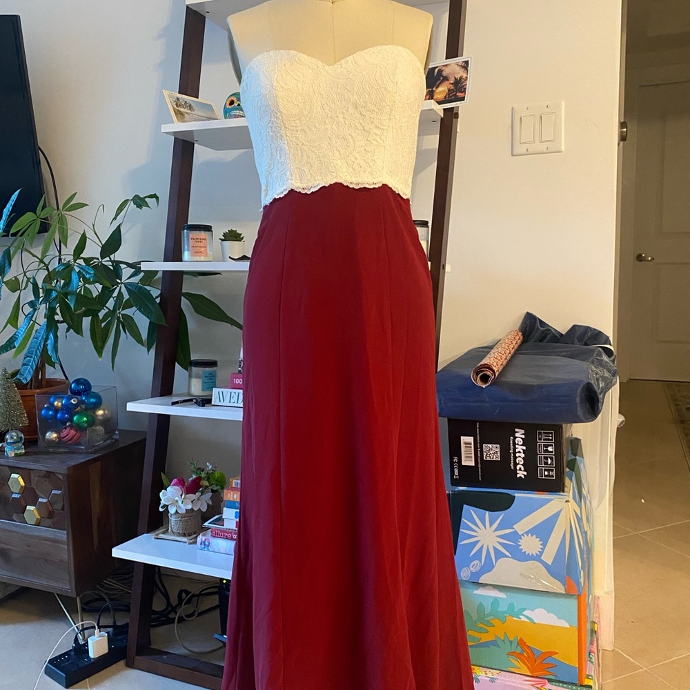 FLASH SALE Social Bridesmaids Style 8162 Ivory Burgundy Lace Strapless Dress
